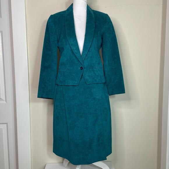 Vintage Samuel Robert by Peter Hatsi Androu Teal Ultra Suede Skirt Suit - Picture 6 of 12